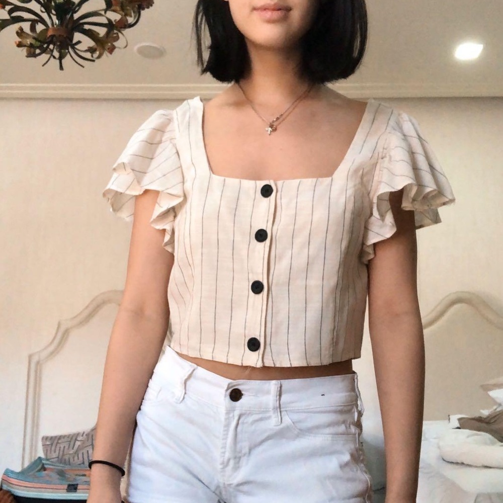 Zara Cream Pin Stripe Ruffle Button Front Crop Top Shirt